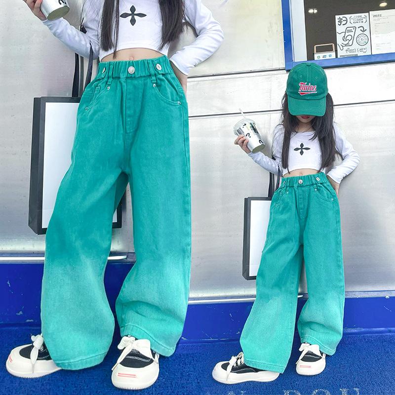 Jeans Girls Candy Color Fashion Gradient Wide Leg Pants Children's Clothes Spring Autumn Teenager Cotton Streetwear Trousers