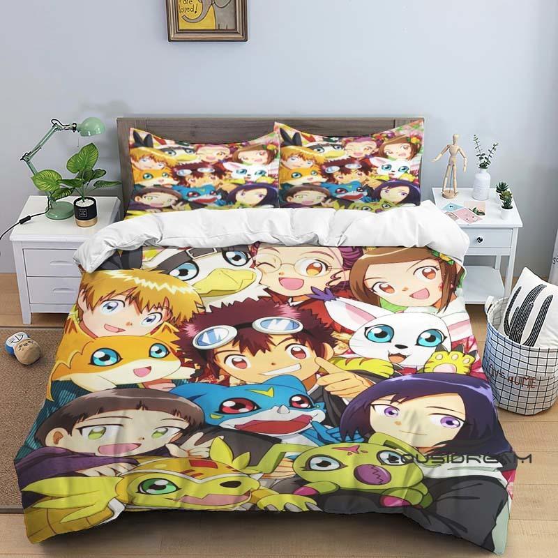 Digimon Cartoon 3D-gedrucktes Bettwäscheset—Beinhaltet Bettbezug und Kissenbezüge—Erhältlich in Einzel-, Doppel-, King- und Queen-Größe
