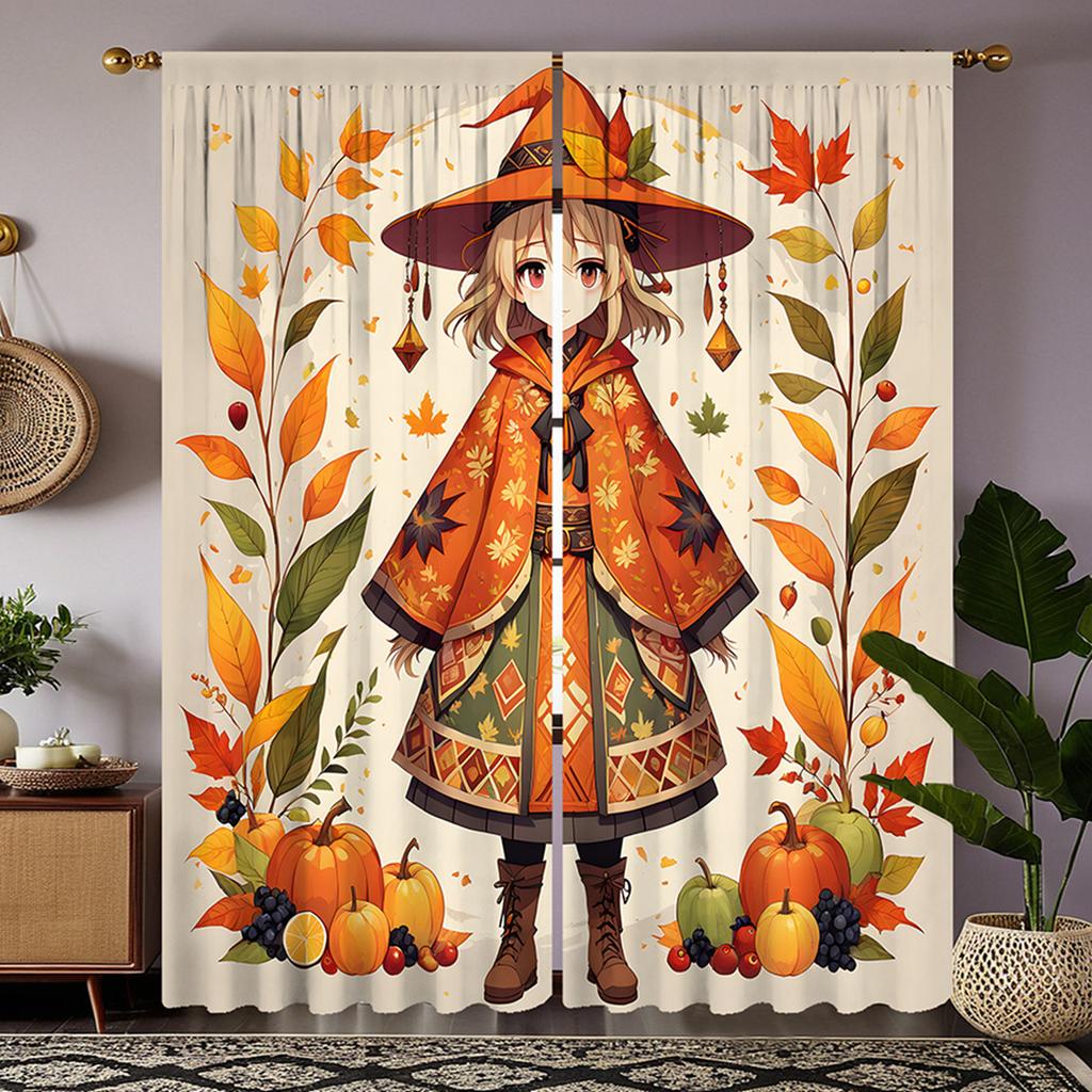 Set HD Erntedank Cartoon Mädchen Kürbis Dekorative Gardine Gelbe Krawatte Digital Gedruckt Heimdekoration Stil Dek von 2 Hergestellt Polyester Waschbar