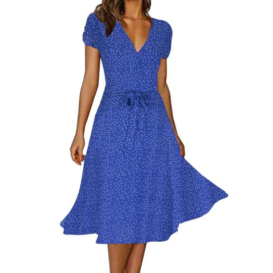 Women's Short Sleeve Midi Dress Spring Summer Boho Polka Dot Print Dress Casual Loose V-Neck Lace-Up Tie Dress for Beach Party Wedding