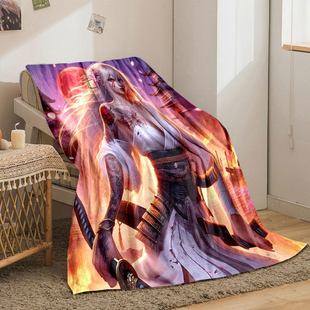 Samurai Woman Under Red Moon Print Blanket Soft and Cozy Perfect for the Living Room Bed Sofa or a Nap,gift