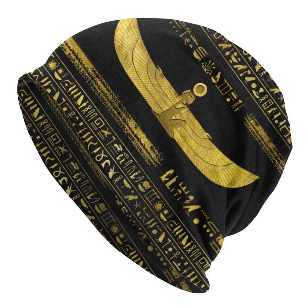 Goldener ägyptischer Gott-Ornament auf schwarzem Leder, Skullies-Mützen, Winter-warme Beanie-Mütze, altes Ägypten, gestrickte Mütze für Ski