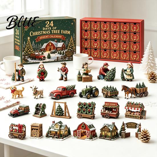 Dezember Countdown Box 2026 Weihnachtsbaumfarm Adventskalender 24 Tage mit Mini-Kalenderfiguren und Feiertagszubehör für Kinder Sammler,
