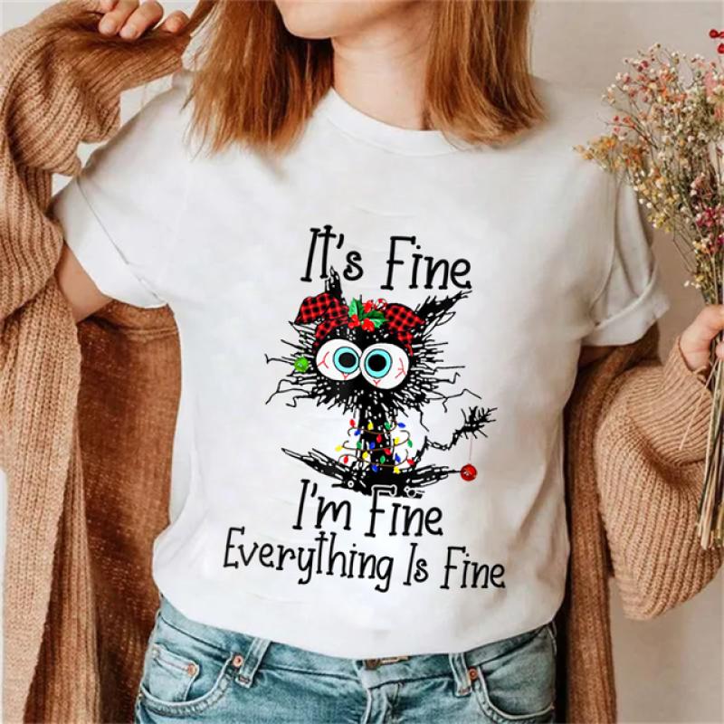 Its Fine I'm Fine Everything Футболки з котячим принтом Топи Жіноча футболка Санта-Ліхтарі Різдвяні футболки 90-х Ulzzang Жіночі футболки