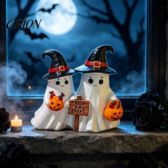 Halloween Mantel Countertop Decor Ghost Figurine, Cute Spooky Resin Statue with Retro Table Decorations Witch Hat for Table, Tiered Tray, Kitchen,