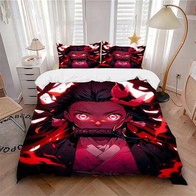 3pcs Anime Character Kamado Nezuko Pattern Bedding Three-Piece Set (1 Cover + 2 Pillowcases, No Fillings), This Printed Bedding Set Is Soft