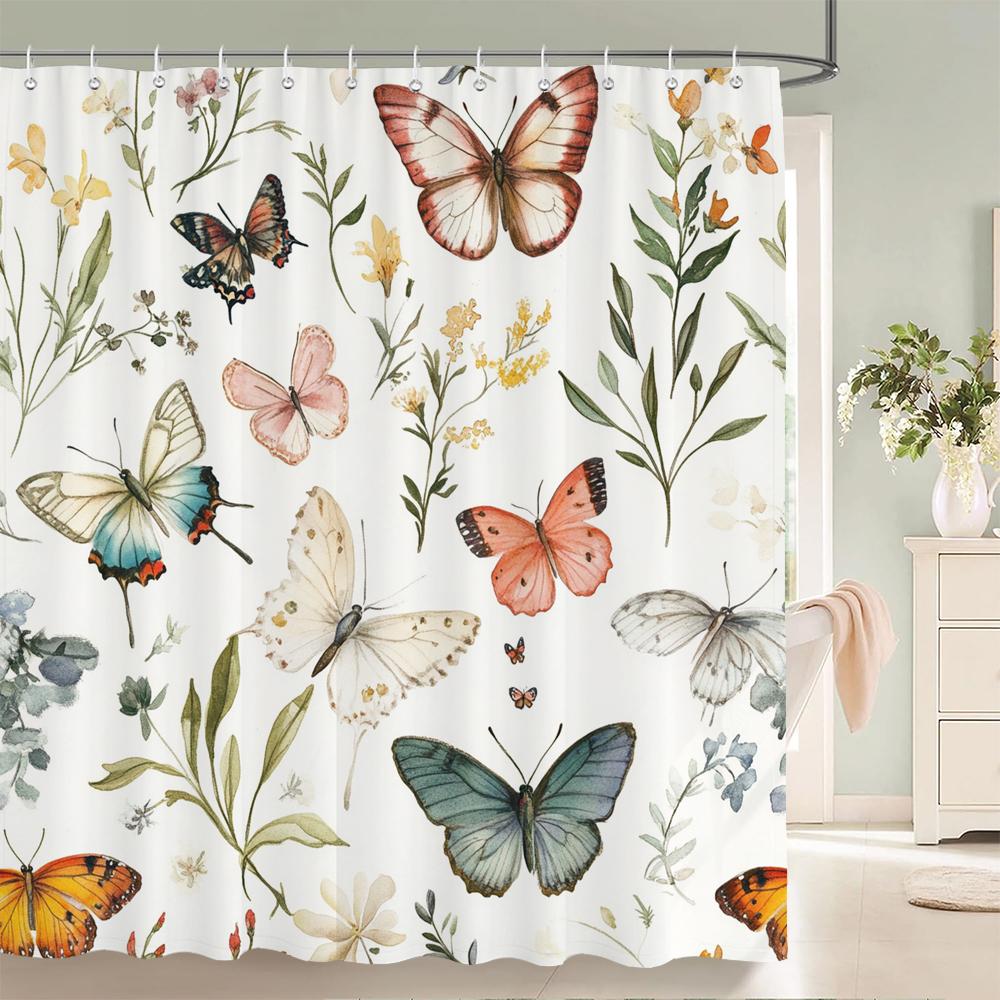 Waterverf Bloemen, Bladeren En Vlinders Douchegordijn Bloemenprint Badkamer Bad Gordijn Huisdecoratie Gordijn Met Haken