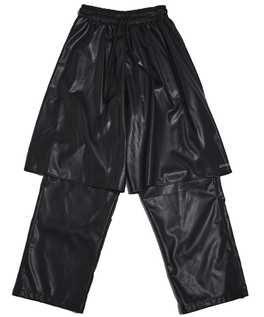 DISCO DONUT Elastic Waist Half-Cut Long Pants_Leather Black