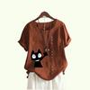 Women Fashion Cat Print Short Sleeve Blouses Summer Casual Round Collar Pullover Loose Cotton Linen T-shirt