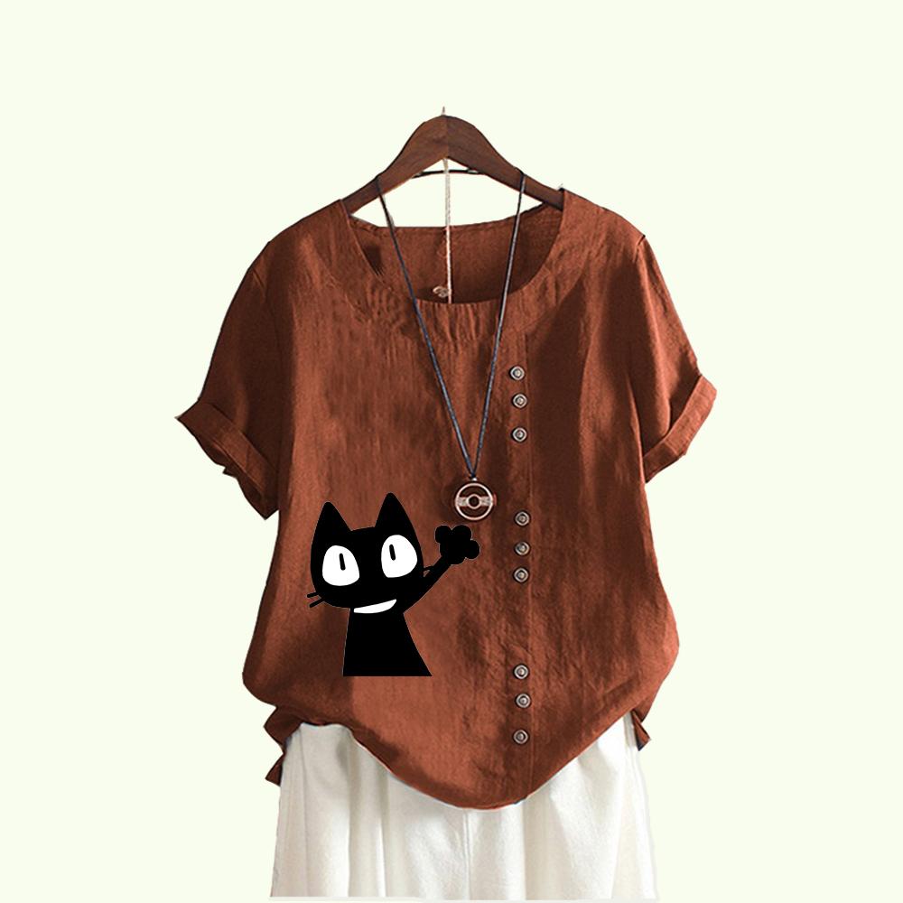 Women Fashion Cat Print Short Sleeve Blouses Summer Casual Round Collar Pullover Loose Cotton Linen T-shirt