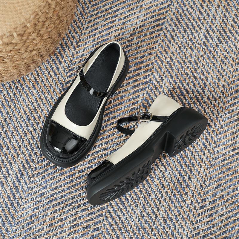 Mary Jane Shoes Small Fragrant Wind Women'S Spring Light Mouth Retro Color Matching Small Leather Shoes Sweet Thick Heel Women'S Single Shoes
