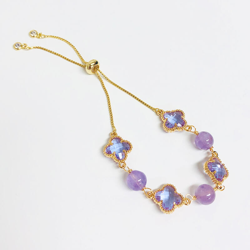 H7H13 Hwajeonok Améthyste Trèfle à Quatre Feuilles Bracelet Porte-Bonheur Collection