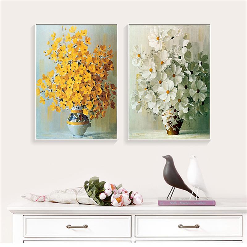 Yellow Red White Flowers Canvas Art Vintage Poster Vase Decorative Prints Wall Painting Wall Decoration Pictures for Living Room
