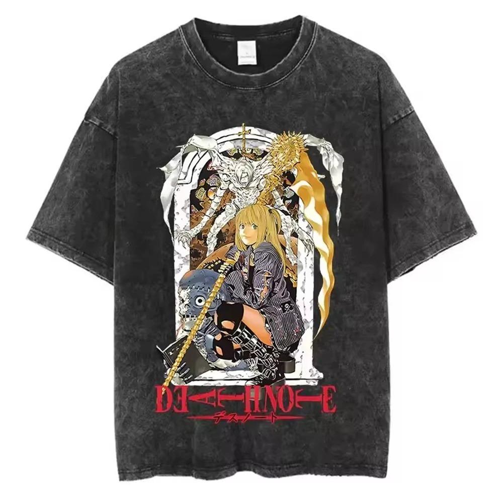 Death Note Misa Amane Vintage Black Wash T-Shirt, Unisex Anime Icon Portrait Streetwear Tee, 100% Cotton Loose Oversized Top
