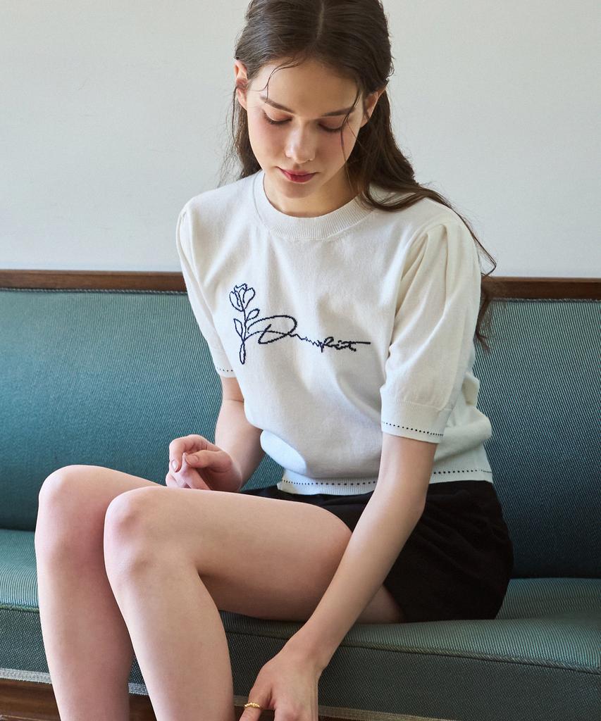 Deuloupisumeon Flower Jacquard Puff Short Sleeve Knit [Navy]