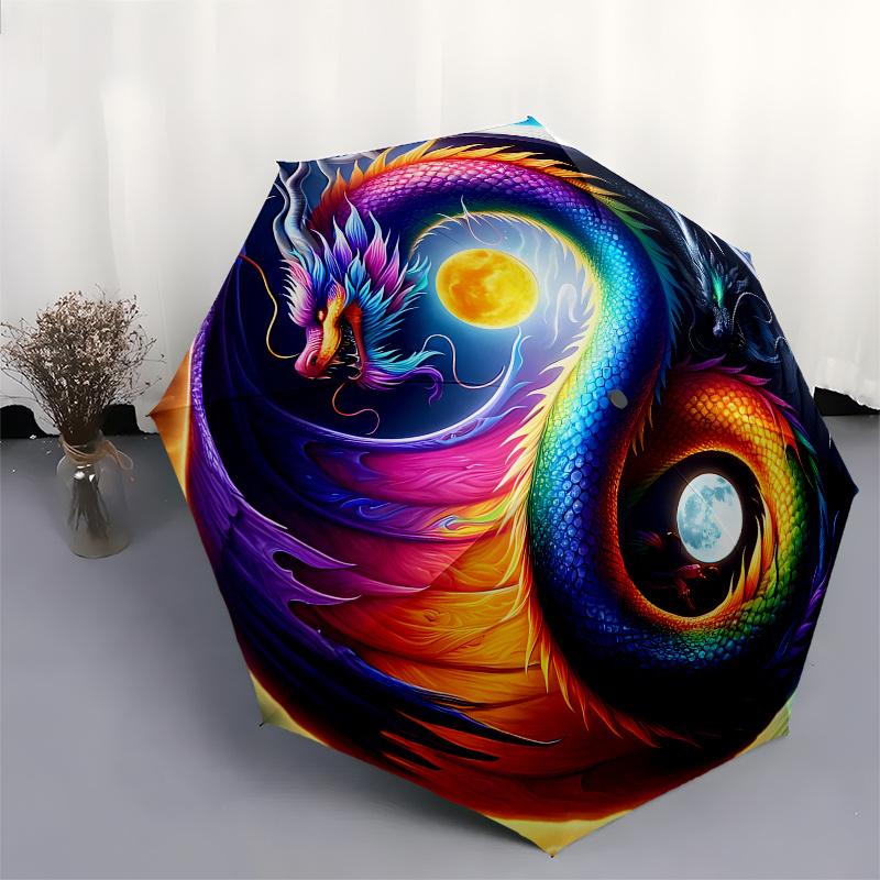Dragon Coloré Symbole Yin Yang Art Circulaire Impression Affiche Parapluie, Parapluie Compact Pliable 3 fois Portable pour Hommes et Femmes Cadeau