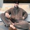 Autumn And Winter Pajamas Men'S Fleece Thickened Warm Loungewear Coral Fleece Warm Fleece Suit Stand-Up Collar Zipper Warm Winter Wear