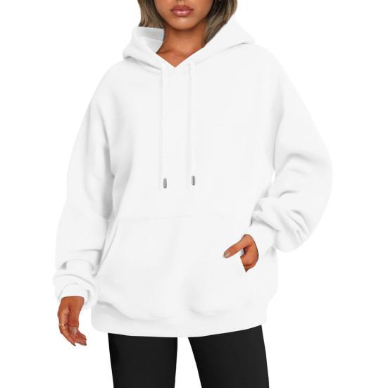 Women Fall Winter Hoodie Thick Hooded Long Sleeves with Big Pocket Plus Size Mid Length Solid Color Loose Elastic Cuffs Drawstring Sport Top