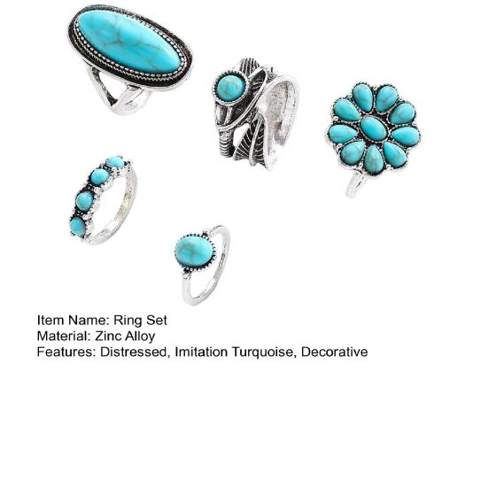 5Pcs Ring Set Retro Distressed Silver Color Finger Rings with Imitation Turquoise Bohemian Style Versatile Stackable Finger Ring Jewelry Gift