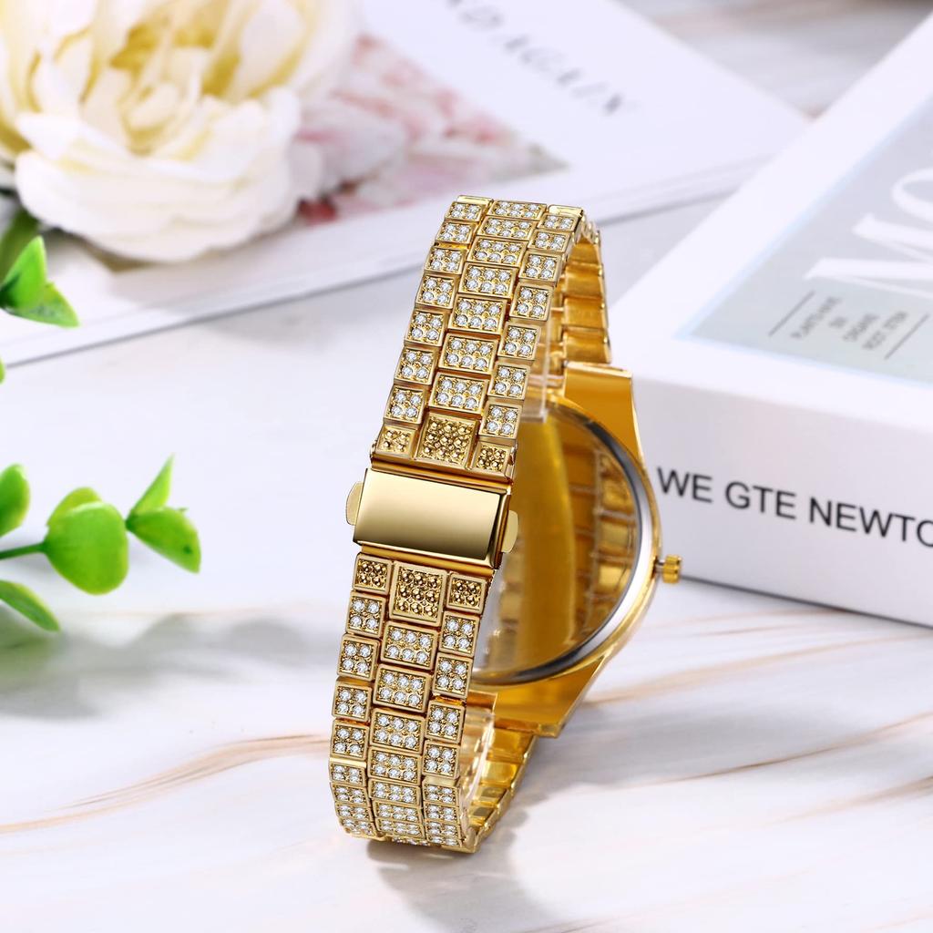 Watch Calendar Diamond Romaji Analog Waterproof Popular Stylish Stainless Steel Strap Gold Casual Business Fashion Watch Accessories Birthday