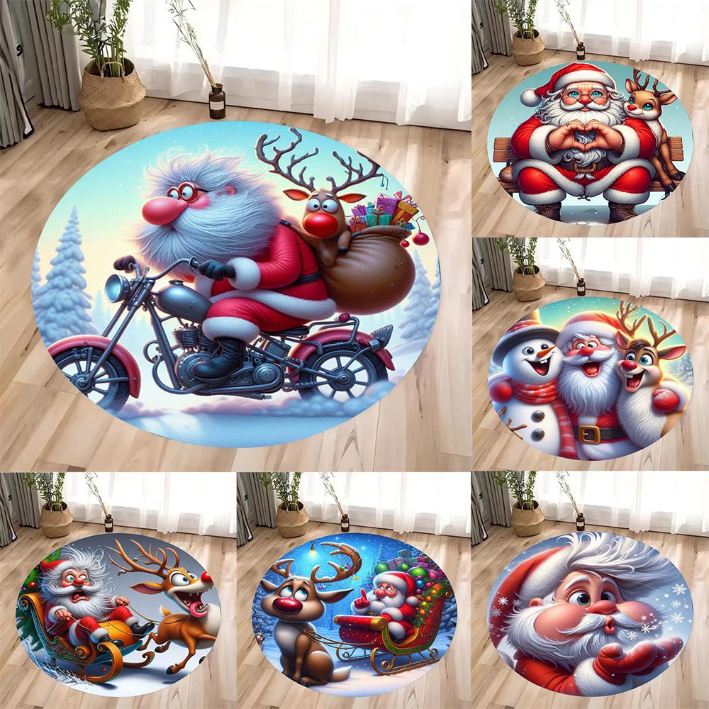 Christmas Santa Claus Round Carpet Living Room Bedroom Mat Festive Atmosphere Decorated Christmas Tree Home Rug Decoration