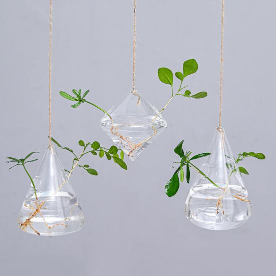 3 Pcs Hanging Glass Planter Clear Plant Propagation Stations Hydroponic Flower Vase for Indoor Home Office Living Room Decor