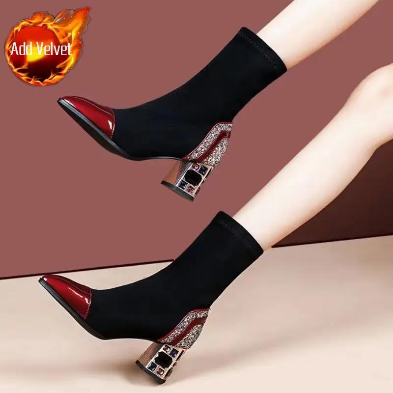Fashion Ladies Mid Calf Shoes Elastic Middle Heel Pointed Toe Rhinestone Women's Half High Sock Boots Goth Boot 2024 New Footwear Hot In