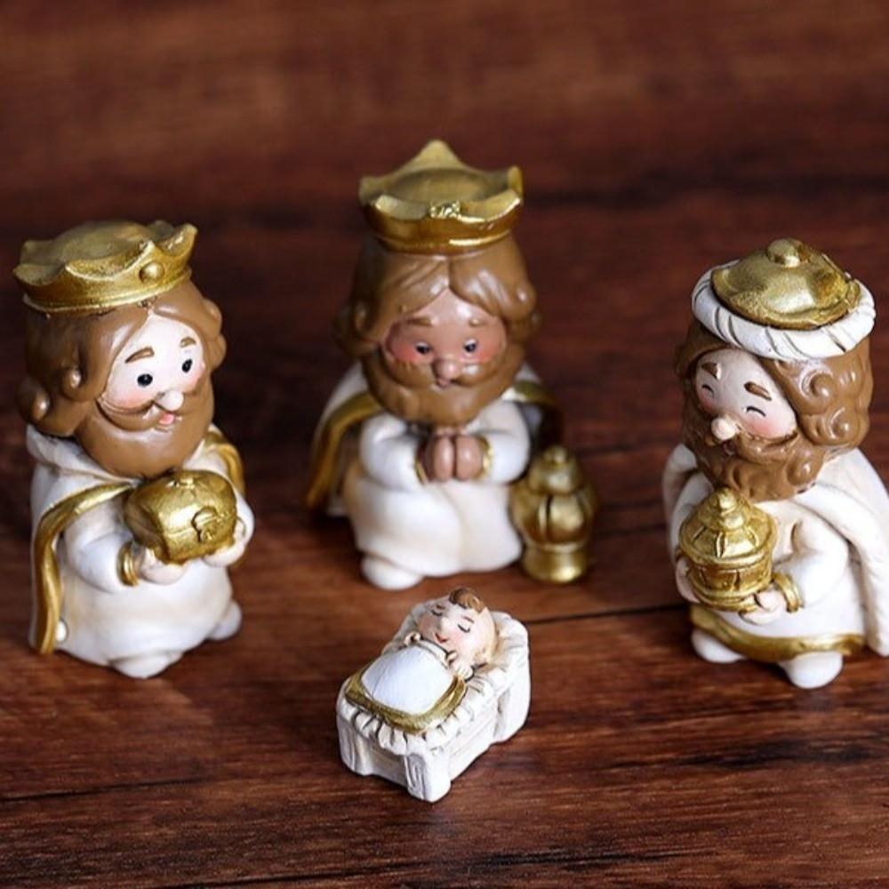Resin Nativity Manger Ornament Miniature Cartoon Nativity Figurine Hand Painted LED Lights Jesus Child Statue
