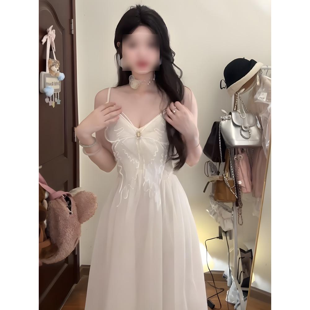 French Casual Pure Desire White Mesh Butterfly Suspender Dress Fairy Summer Seaside Vacation Dress Long Skirt