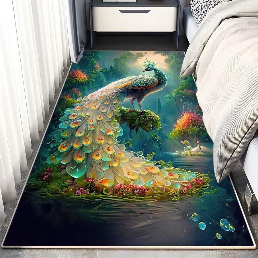 3D Peacock Printing Matta Vardagsrum Soffbord Golvmatta Sovrum Sängmatta Korridor Antifouling Dekorativ Golvmatta