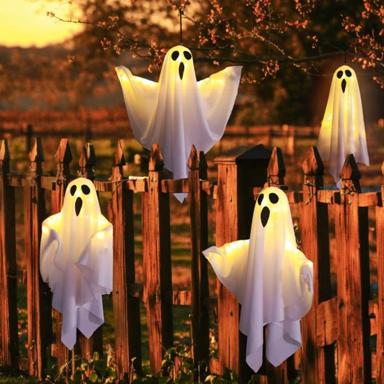 3 Stück Halloween Hängegeister 19,6" LED Leuchtend Outdoor Fliegender Weißer Geist für Vorgarten Terrasse Rasen Garten Party Deko