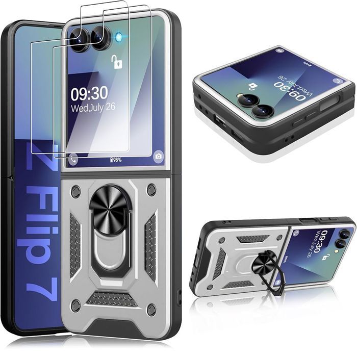 Protective Case - BOOLING - for Samsung Galaxy Z Flip 7 - Shockproof - Silver - 2 Tempered Glasses