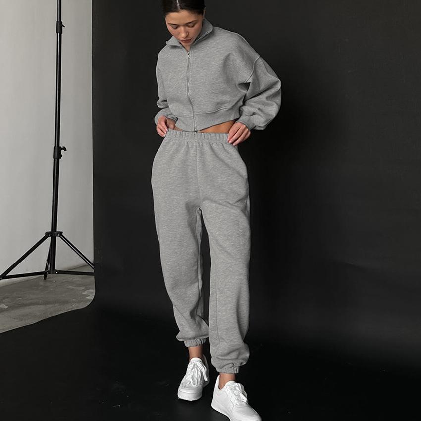 1116 autumn fashion versatile long-sleeved fleece sweater elastic trousers set European and American simple style sports suit