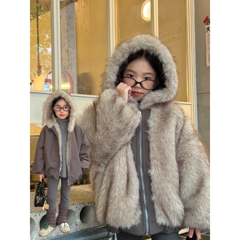 Winter Neu Damen mittleren Alters und ältere Kinder tragen beidseitig flauschige Mäntel, Mädchen Kapuzenmantel aus Kunstpelz, warm
