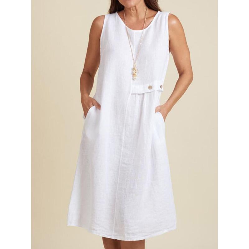 DAFIFY Women's Fashion Summer Spring Solid Color Print Sleeveless O-Neck Loose Waistline Casual Dresses
