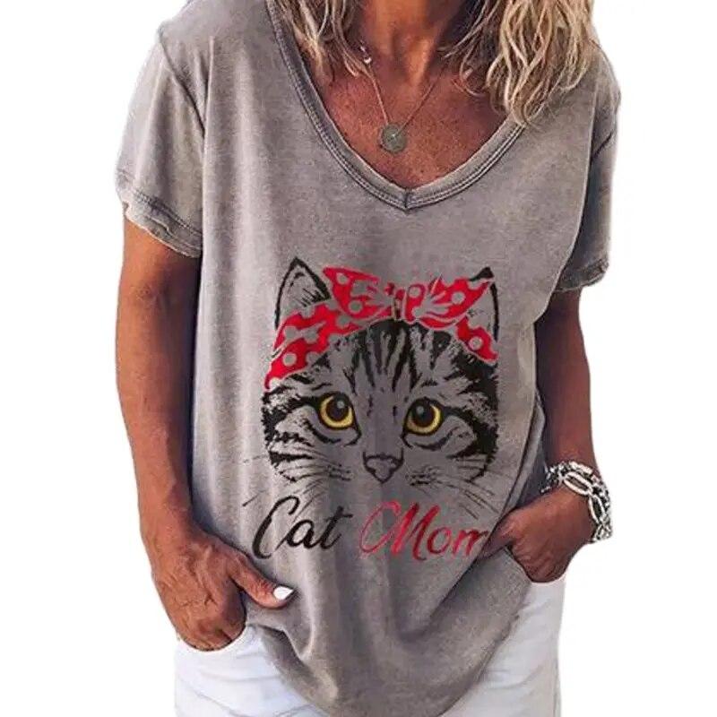 Fashion Woman Blouses T-shirt Women's 3d Cats Print Black Kawaii V-neck T Shirt Female Clothing Oversized Summer Tops Tees
