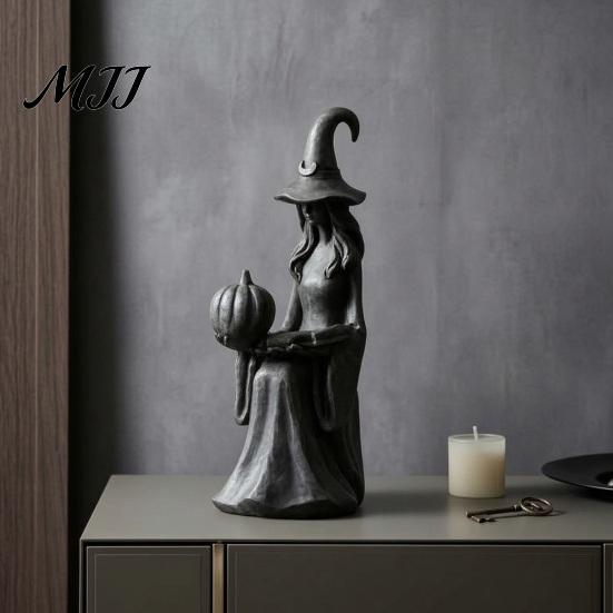 Artistic Resin Crafts Halloween Witch Statue, Gothic Figurine with Pumpkin And Book, Matte Black Themed Gifts Sculpture, Mantel Shelf Desk Decor,