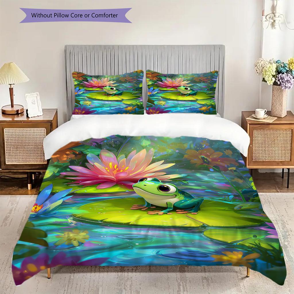 Frog Pattern Bedding Quilt Set Quilt Cover Pillowcase Home Decoration Birthday Gift (1 * Duvet Cover + 2 * Pillowcase, Without Core)