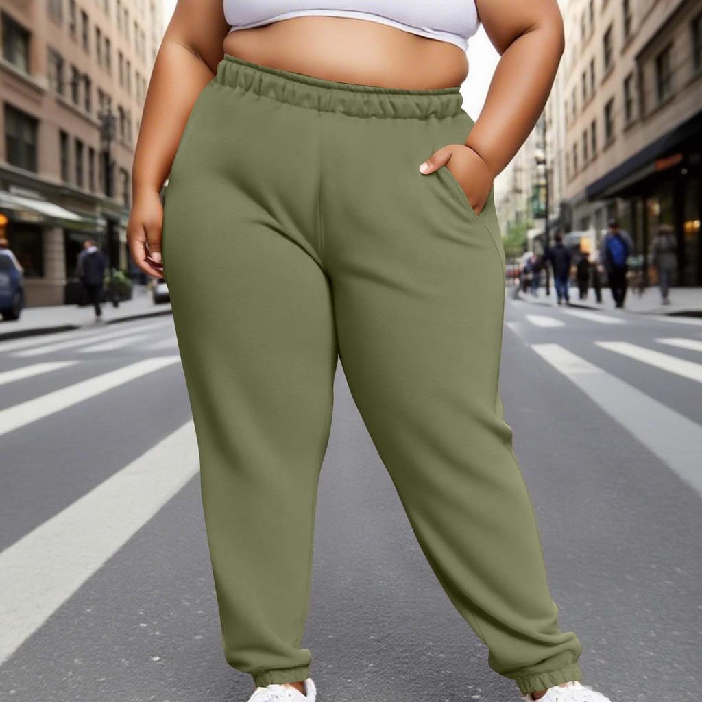 Pantaloni da Donna Moda Taglie Forti Colore Unico Vita Elasticizzata Gamba a Polsino e Tasche Laterali