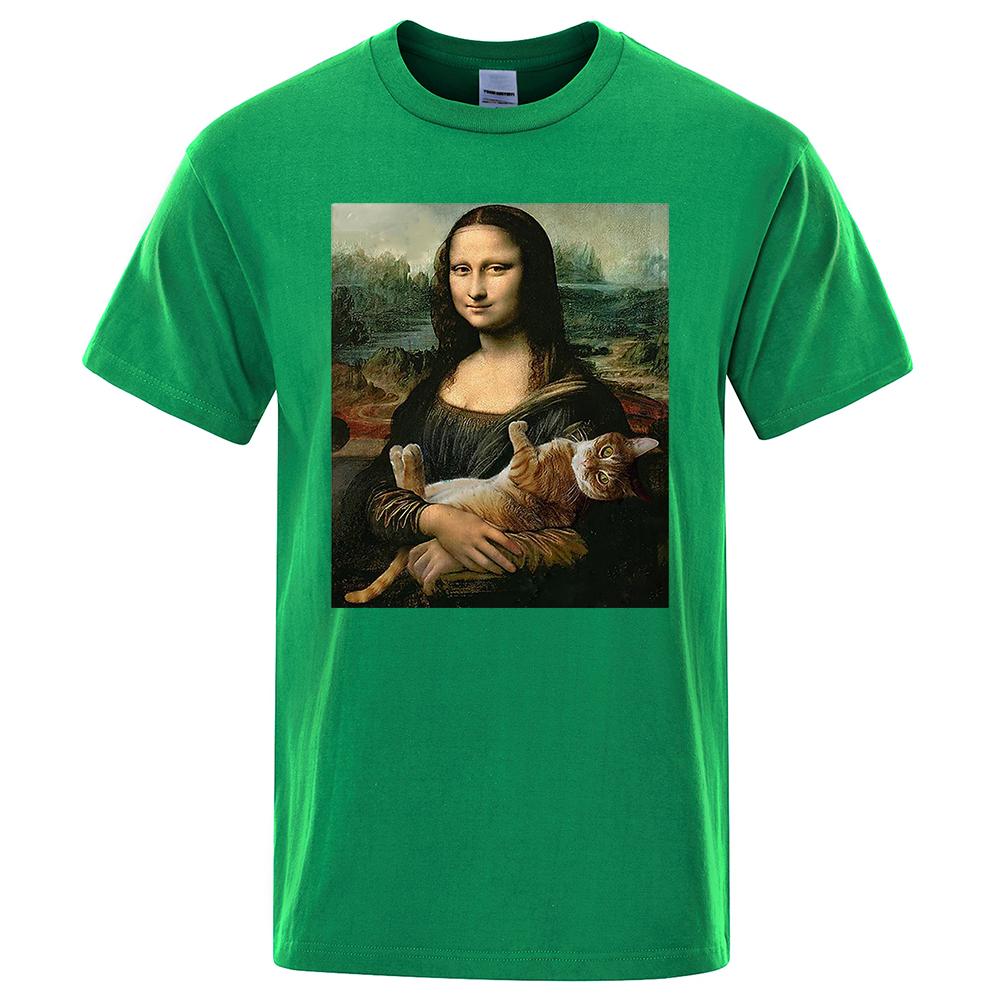 Funny Mona Lisa And Cat Printed T-Shirt For Men Summer Cotton T Shirt Loose Breathable Clothing Short