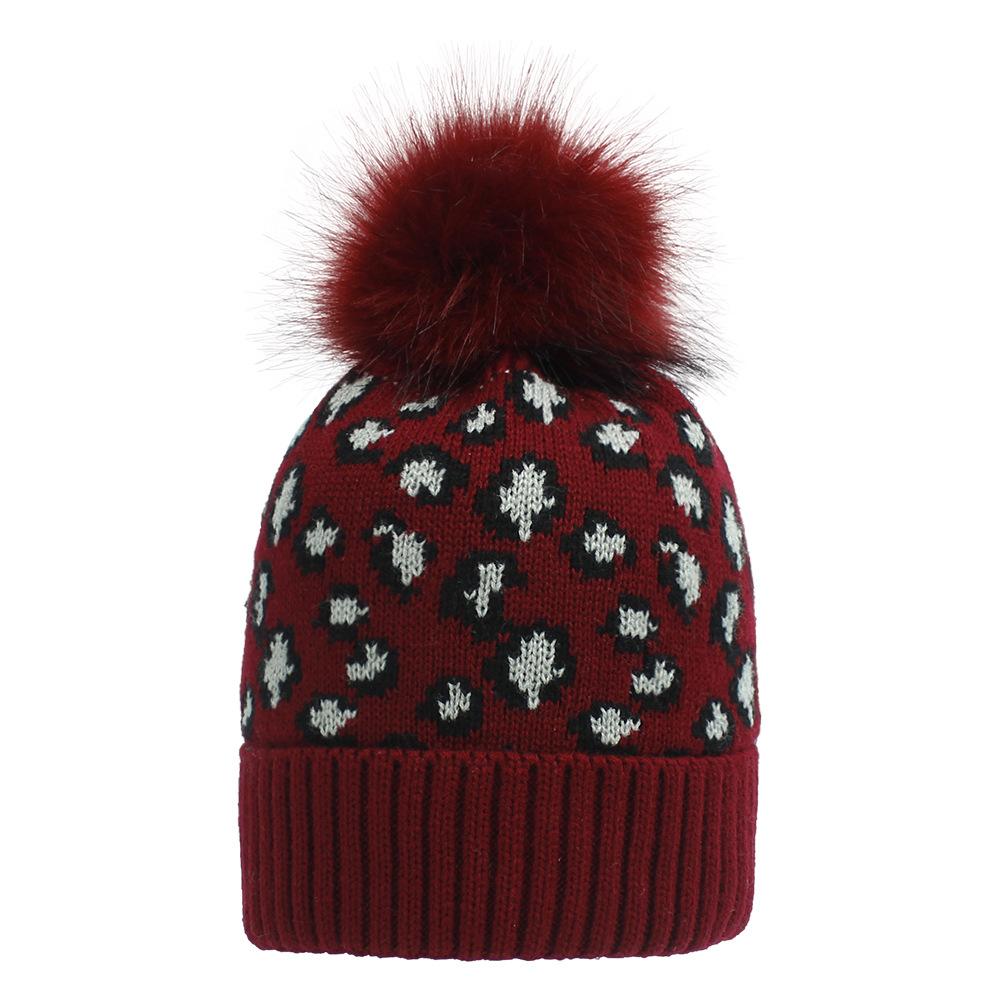 Women Autumn Winter Leopard Knitted Warm Big Wool Ball Sweater Chic Hat EMA
