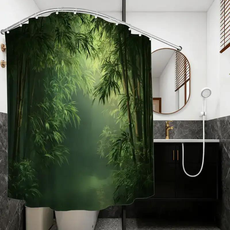 Banyo Duş Perdesi Bambu Ormanı Baskılı 3D Doğa Manzaralı 12 Kancalı Spa Wellness Dekor Ev Banyo Aksesuarı