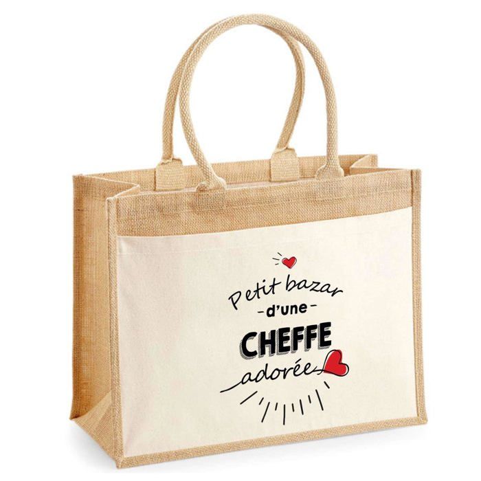 Sac de plage - PLANETEE - jute avec poche Bazar d'une Cheffe adorée - Coton imprimé en France - 43x33 cm - Anses bandoulière