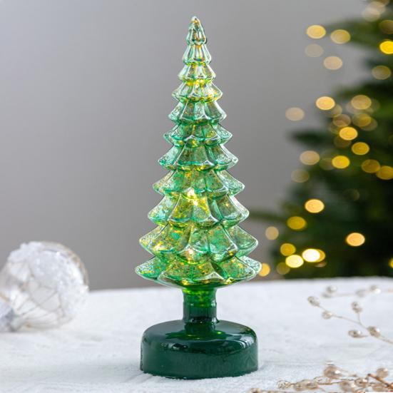 Brad de Crăciun din sticlă iluminat, lumină de masă, figurine brad de Crăciun luminoase pentru Crăciun, piesă centrală pentru petrecere acasă, decor de masă/manta