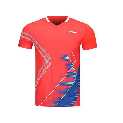 Quick-Dry Comfortable Casual Breathable Sports Training V-Neck Pullover Short Sleeve Badminton Shirt Men Tops Red AAYV051-5