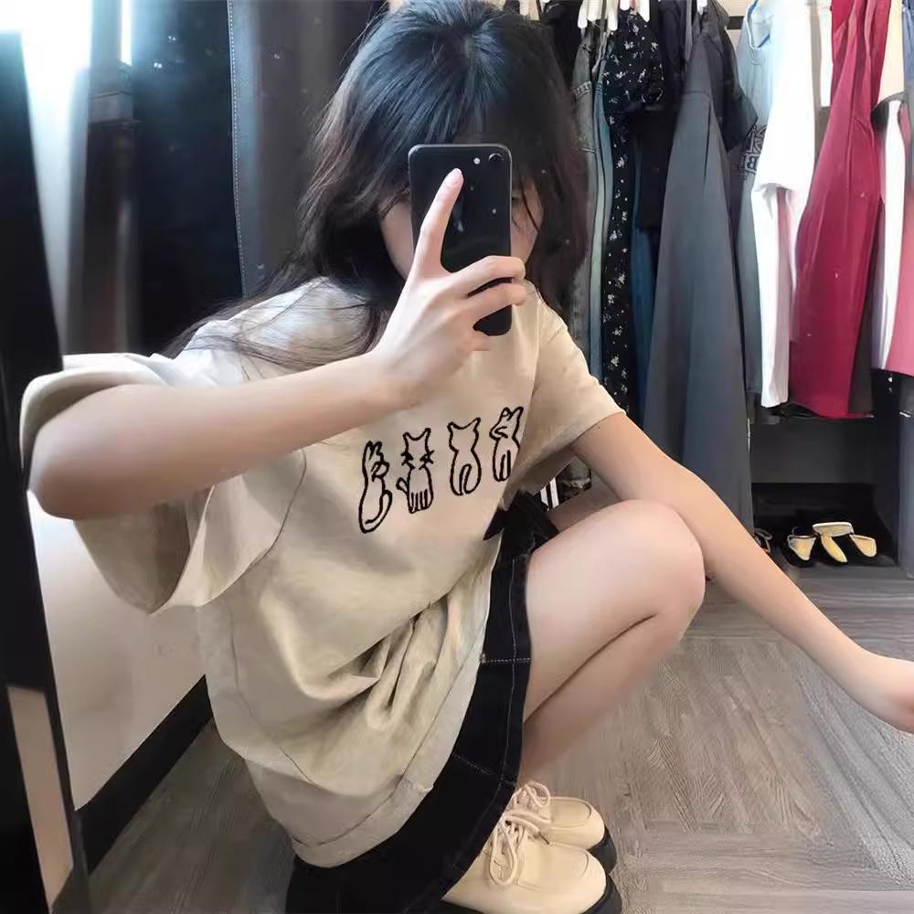 Heavy cotton cartoon fun short-sleeved T-shirt men's and women's summer new loose design niche half-sleeved top tide
