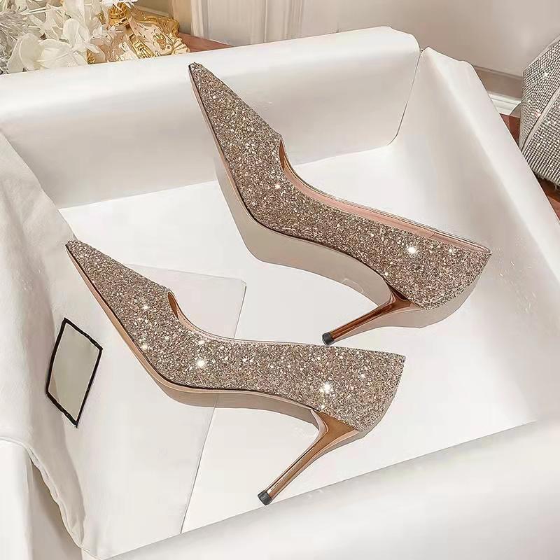 Fashion New Pointed Stiletto High Heels Shoes Sexy Silver Sequins Shallow Mouth Single Shoes Women's Work Dress Shoes High Heel Pumps