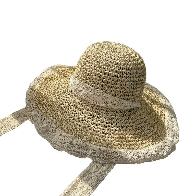 Hat Women's Straw Hat Trendy Versatile Summer Thin Breathable Lace Hollow Small Fresh Windbreak Rope