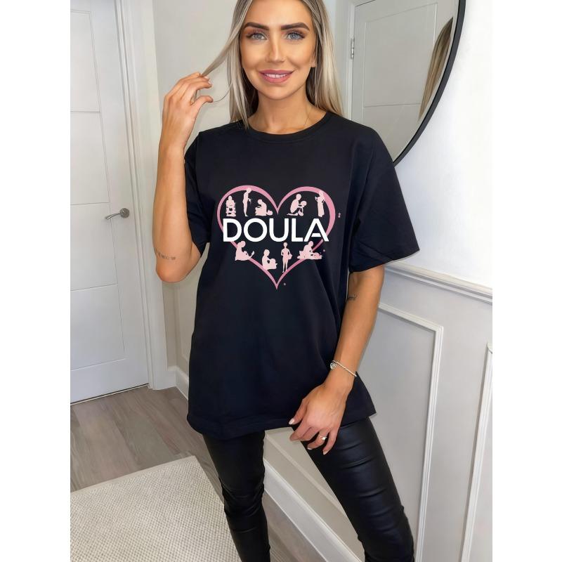 VSchwarzes Oversized T-Shirt mit Doula-Herz-Aufdruck und Silhouetten-Design zur Geburtsunterstützung und Mutterschaftspflege