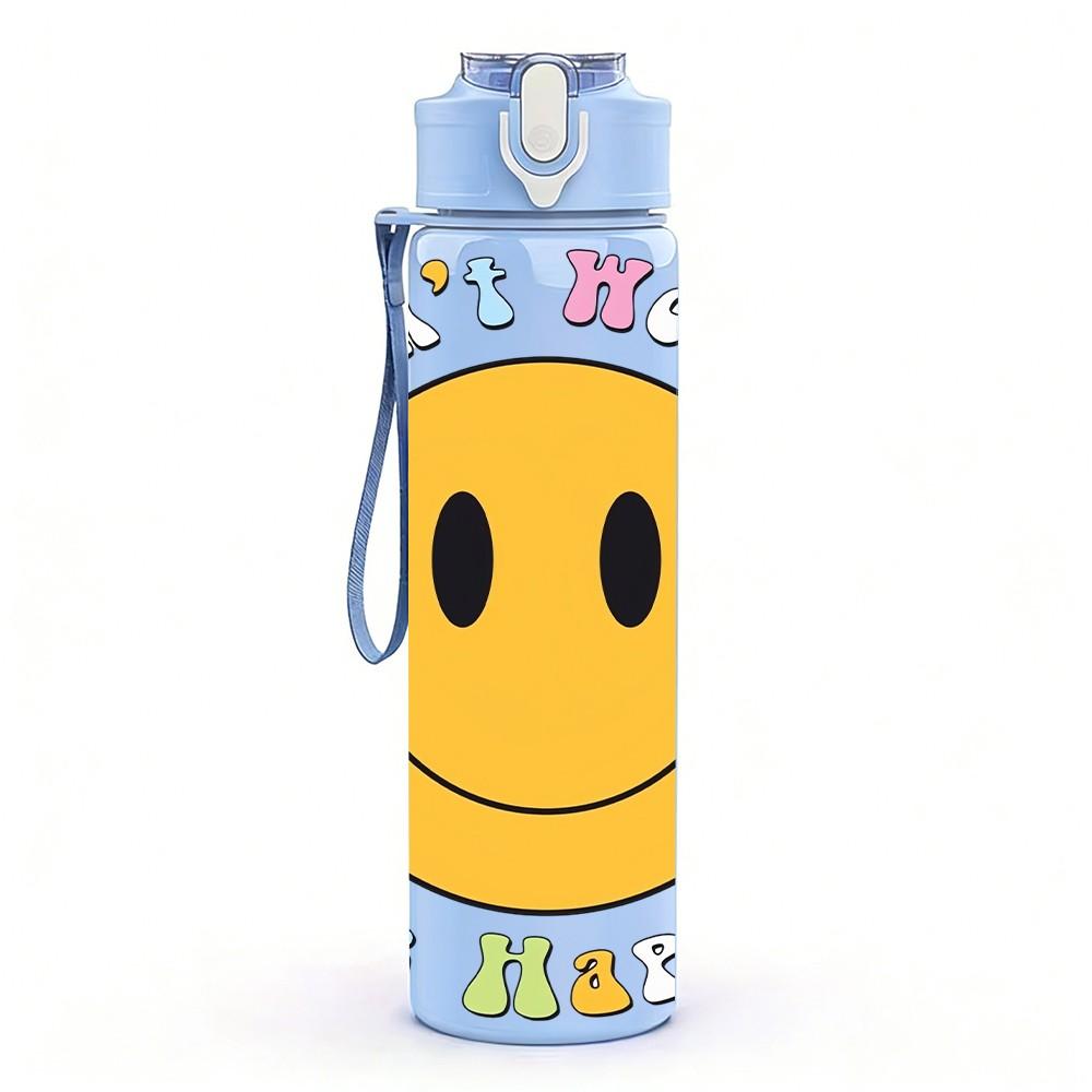 1PC Smiley Face Retro Simple Slogan Art Print 750ml Color Plastic Sports Water Bottle Leakproof Flip Straw Lid Suitable for Sports Office Home Use